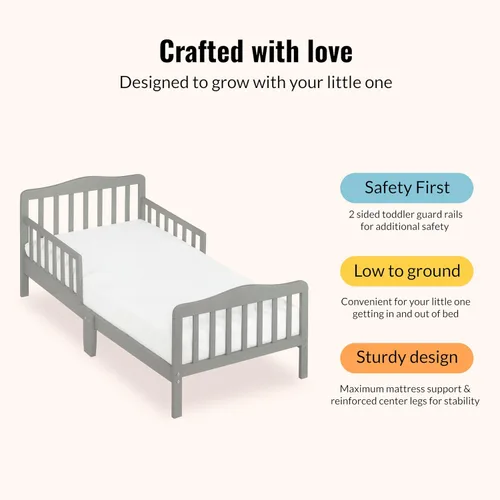 Miniatura 6 de Dream On Me Cama para niños pequeños de diseño clásico en gris claro, cama de madera baja al piso con rieles de seguridad, certificada GREENGUARD