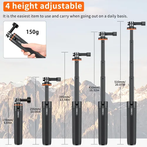 Miniatura 2 de VRIG TP-08 Mini trípode extensible para GoPro Mission 1 Pro, 20.1 pulgadas portátil selfie stick trípode para GoPro Hero 13 12 11 10 9 8 7 6 5 4 3