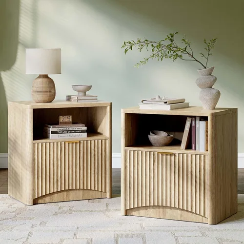 Miniatura 21 de Evermagin Mesita de noche acanalada, mesita de noche de roble natural con cajón y almacenamiento, mesa auxiliar de madera moderna de mediados