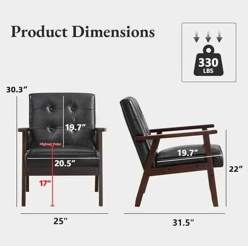 Miniatura 2 de Bonzy Home - Sillón de acento de cuero sintético estilo mitades de siglo moderno para sala de estar Silla con estructura de madera sólida y Negro