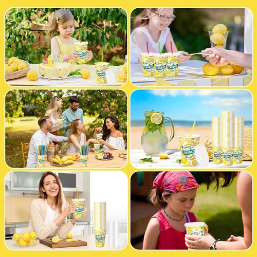 Miniatura 7 de Meanplan 300 piezas/100 juegos de vasos de limonada con tapas y pajitas, vasos desechables para fiestas, tazas de papel de limón, suministros