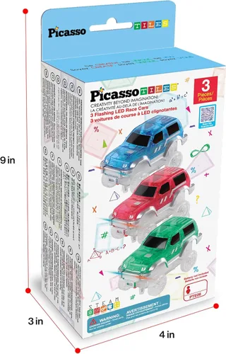 Miniatura 9 de PicassoTiles Juego de 3 autos de juguete magnéticos con luz LED, altamente detallado, compatible con imán, carreras, pistas de carreras, accesorios