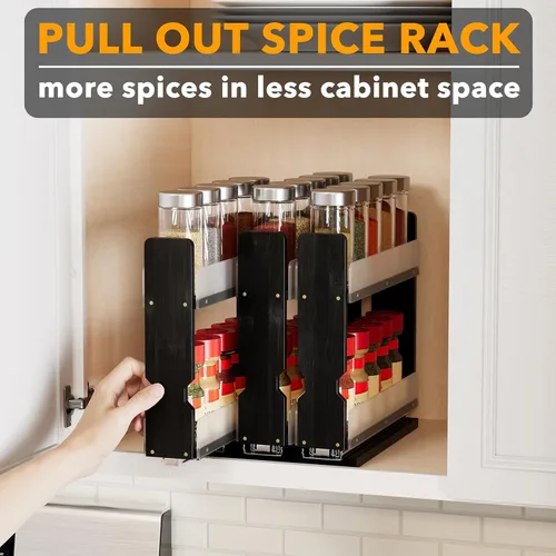 Miniatura 5 de SpaceAid Organizador de especias extraíble de bambú para gabinete, organizador de condimentos deslizante y resistente para despensa de cocina