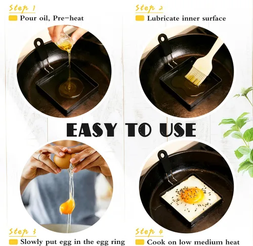 Miniatura 4 de Paquete de 4 anillos de huevo para freír huevos, redondos y cuadrados, acero inoxidable, para magdalenas inglesas, panqueques, con mango de silicona