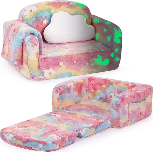 Miniatura 13 de Sofá para niños, sofá suave 2 en 1 plegable con manta y almohada de nube, que brilla en la oscuridad, sofá convertible, regalos para niños y niñas