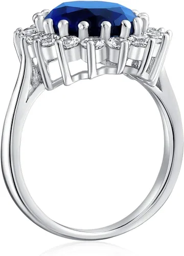 Miniatura 31 de Anillo de compromiso de plata de ley 925 personalizable con halo de corona ovalada de 5 a 7 quilates con circonita cúbica simulada de zafiro azul