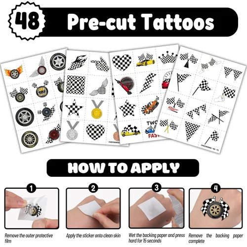Miniatura 7 de Juego de 72 piezas de bandera a cuadros, 48 tatuajes temporales y 24 pulseras de palmada, suministros de cumpleaños temáticos de carreras, regalos