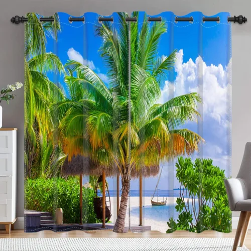 Miniatura 13 de Renaiss Cortinas opacas con diseño de mar tropical, nublado, cielo azul y verde azulado, estrella de mar transparente en playa arenosa, sala
