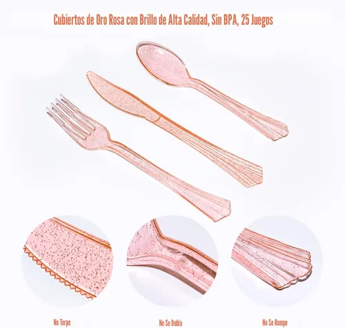 Miniatura 6 de AIRE 175 piezas platos de oro rosa suministros de fiesta sirve para 25 invitados decoraciones de fiesta desechables, tenedores cuchillos cucharas