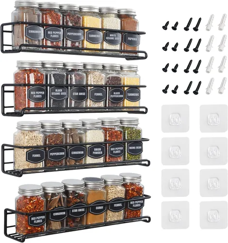 Estante de Especias Montado en la Pared de 4 Niveles – Organizador de Especias de Cocina que Ahorra Espacio para Condimentos – Colgado con Tornillo
