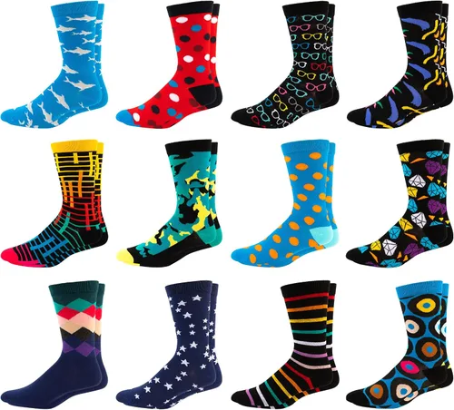 Calcetines de vestir coloridos para hombre, calcetines divertidos estampados para hombre, paquete de 12