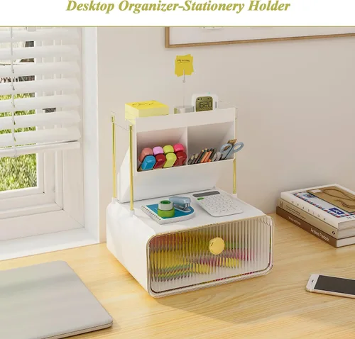 Miniatura 9 de FOLLOWIN Organizador de mostrador de baño con cajón, organizador para la parte superior de la cómoda con soporte para brochas de maquillaje, estante