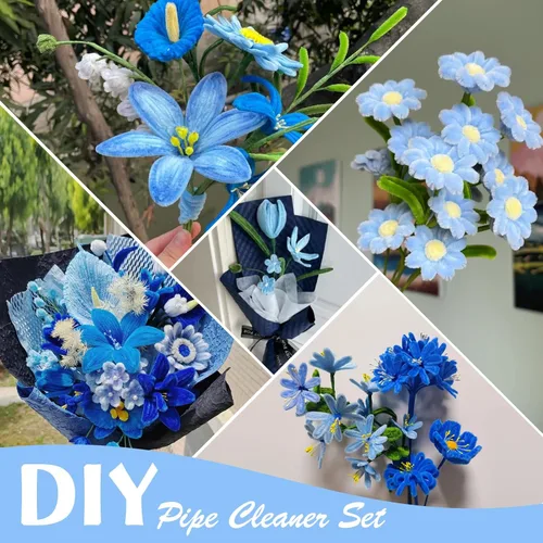 Miniatura 6 de URSDIART 311 piezas de limpiapipas azules para manualidades - Kit de fabricación de flores de tallos de felpilla, alambre grueso y esponjoso