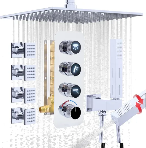 Miniatura 23 de Enga Sistema de cabezal de ducha doble, cabezal de ducha LED de lluvia de 14 x 20 pulgadas con cabezal de pared de 6 pulgadas, juego de grifo de Oro