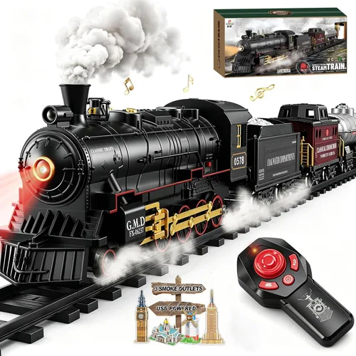 Juego de tren eléctrico con control remoto de Navidad, locomotora de vapor, vagón de carga y pistas, juguetes de tren recargables para niños con 3