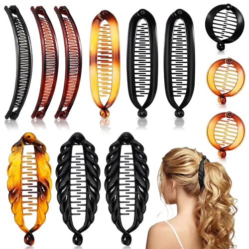 Chuangdi 12 pinzas de plátano para mujer, pinzas clásicas para el cabello con doble peineta, cola de pez grande, soporte para cola de caballo de