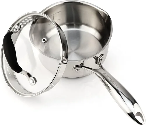 AVACRAFT Cacerola de acero inoxidable con tapa de filtro de vidrio, dos boquillas laterales para verter fácilmente con mango ergonómico, olla