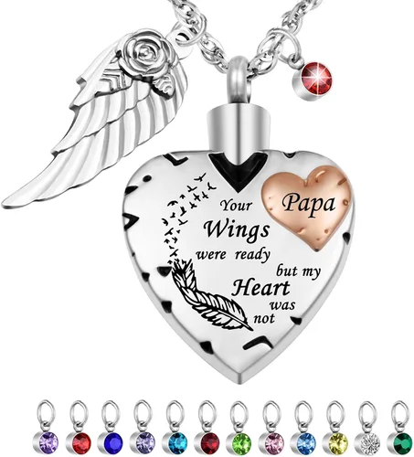 Dletay Collar de cremación de corazón para cenizas, joyería de cremación con 12 piedras natales collar de urna para cenizas, tus alas estaban listas