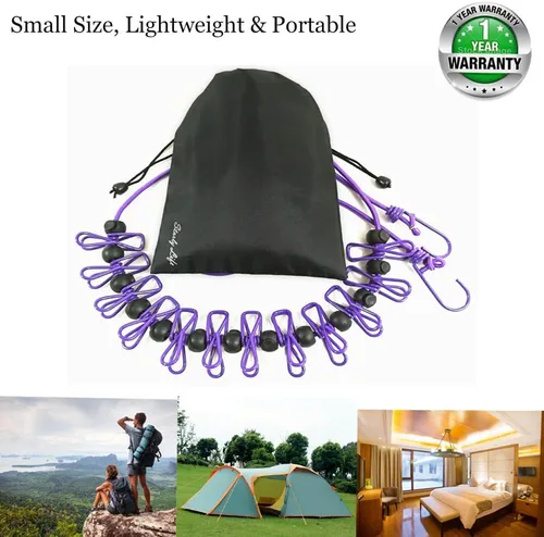 Miniatura 3 de Tendedero elástico ajustable con clips y bolas de posicionamiento, portátil, retráctil, resistente al viento, cuerda colgante para viajes, camping