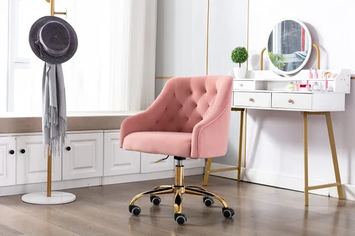 Miniatura 6 de Cómoda silla de trabajo para la oficina en casa con ruedas, bonita y moderna tapizada de terciopelo con respaldo de concha, silla de escritorio Rosa