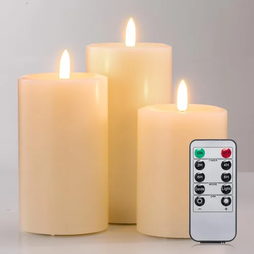 Juego de 3 velas sin llama, juego de velas realistas de cera real, mecha 3D, color marfil, con control remoto, tamaño D: 3 x 4 pulgadas, 5 pulgadas
