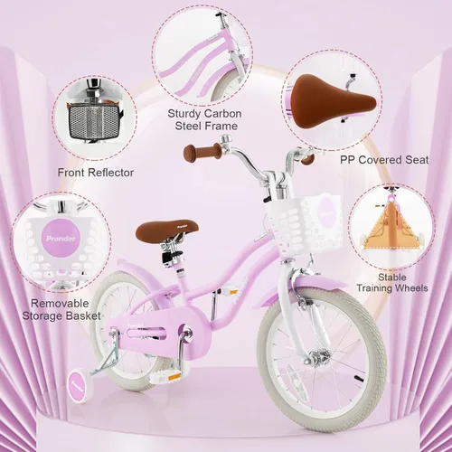 Miniatura 5 de BABY JOY Bicicleta para niños, 12, 14, 16, 18, 20 pulgadas, con asiento ajustable, cesta extraíble, freno de mano y freno de posavasos, ruedas