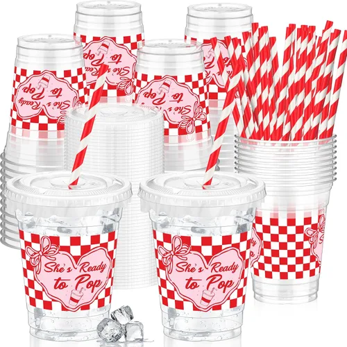 Miniatura 20 de FoldTier 50 piezas de tazas para noche de cine 12 oz Tazas de plástico desechables con pajitas y tapas, tazas transparentes para cine, tazas
