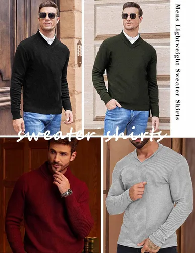 Miniatura 6 de ZAFUL Suéter con cuello en V para hombre, ligero, manga larga, tejido ajustado, suéter térmico