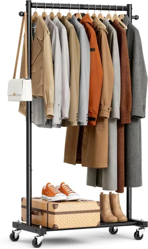 Miniatura 9 de MISSLO Percheros pequeños para colgar ropa con ruedas, perchero de ropa de 60 pulgadas con estantes, estante portátil con ruedas para armarios Dorado
