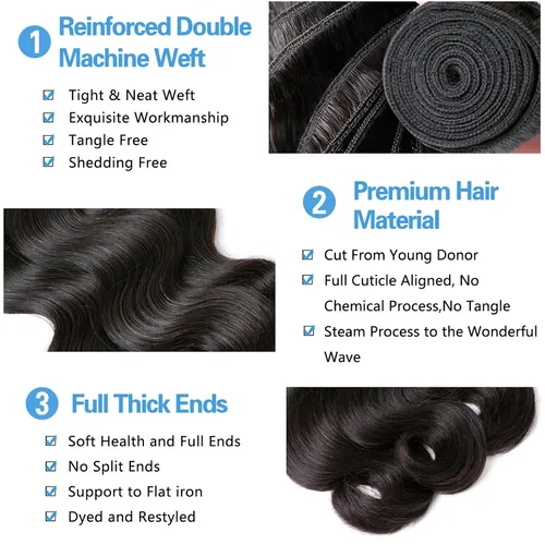 Miniatura 4 de Manojos de Cabello Humano con Ondas Corporales 3 Manojos de Cabello Humano (16 18 20 Pulgadas) Cabello Virgen Brasileño Grado 10A Remy Húmedo