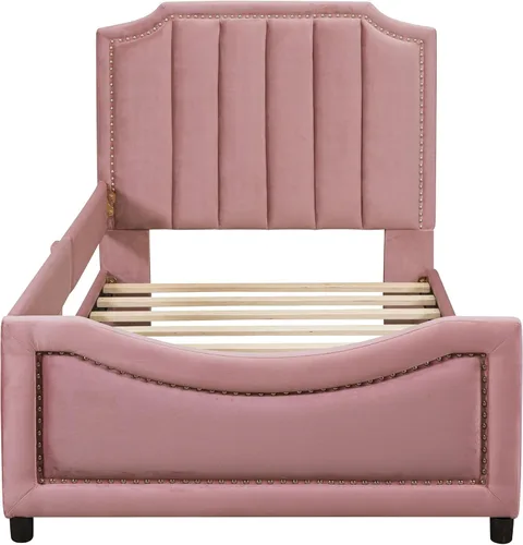 Miniatura 8 de Linique Base de cama tapizada de terciopelo de tamaño individual con ribete de clavos y cabecera en forma de rayas, cama clásica sin necesidad