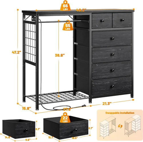 Miniatura 2 de EnHomee Cómoda de 49.2" de ancho para dormitorio con perchero colgante, 6 cajones, cómoda con luces LED y estación de carga, aparadores de tela