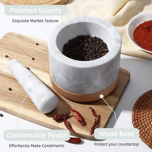 Miniatura 4 de Juego de mortero y maja con base de madera, cuencos de molinillo de mármol para guacamole, cuenco de aguacate pulido para salsa antiarañazos
