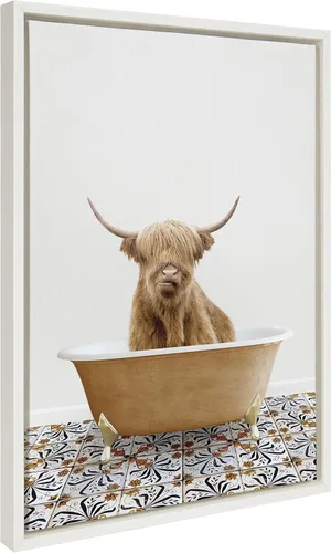 Kate and Laurel Sylvie Highland Cow In Mediterranean Bath - Lienzo enmarcado para pared por Amy Peterson Art Studio; 18 x 24 pulgadas, color blanco;