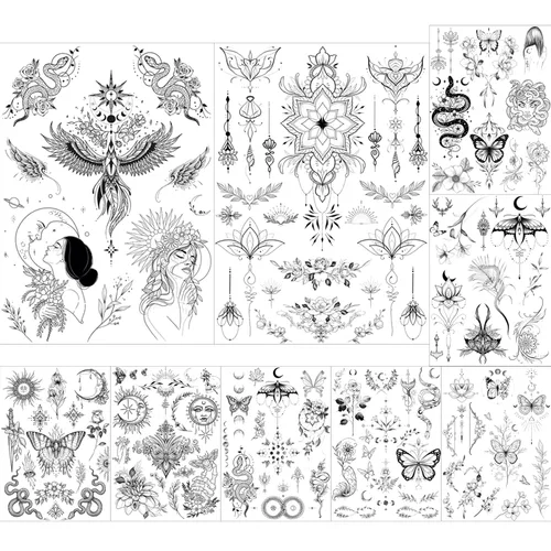 glaryyears Más de 100 tatuajes falsos temporales negros para mujeres, hombres y adultos, diseño de serpiente mariposa, sol, luna, planetas,