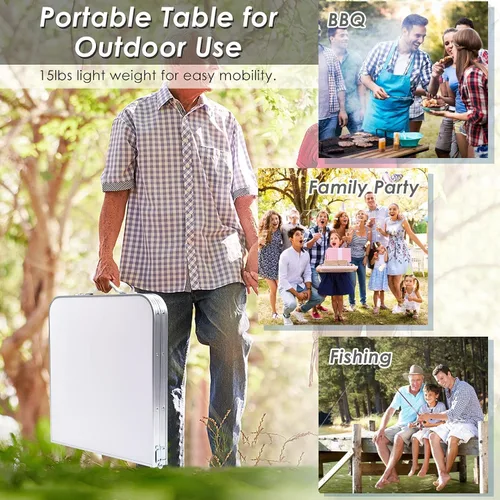 Miniatura 7 de GYMAX Mesa de campamento plegable con almacenamiento, mesa plegable de aluminio portátil de altura ajustable, mesa de cocina ligera para campamento