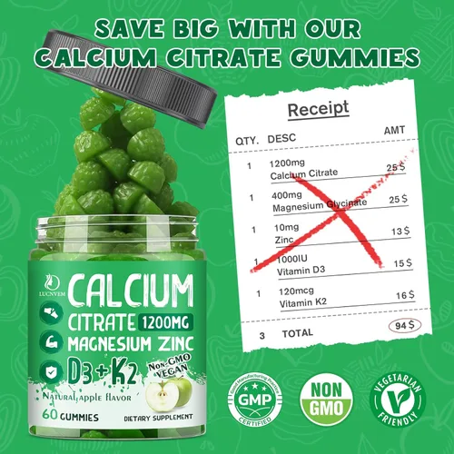 Miniatura 4 de Gomitas de Citrato de Calcio 1200 mg con Vitamina D3, Citrato de Calcio Magnesio Zinc con Suplemento de Vitamina D3 para Mujeres y Hombres Soporte