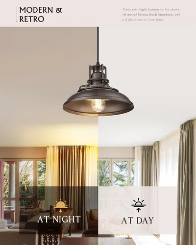 Miniatura 5 de FEMILA Lámpara Colgante de Granja, Lámpara Colgante Vintage de Granero de 12" para Isla de Cocina, Altura Ajustable, Acabado en Bronce Frotado