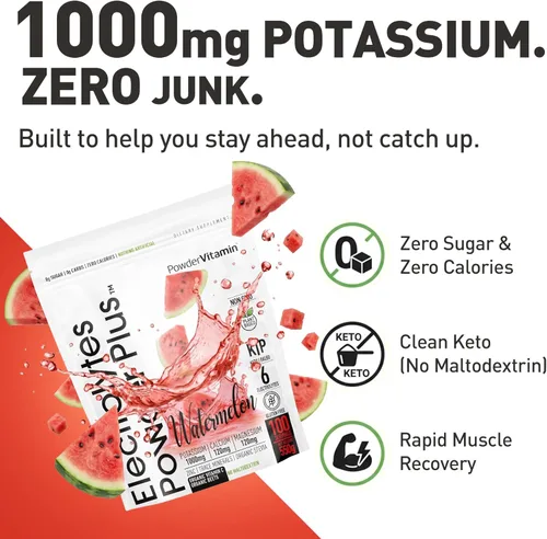 Miniatura 6 de PowderVitamin Electrolytes Powder Plus, polvo de hidratación sin azúcar, 1000 mg de potasio, 120 mg de magnesio, 120 mg de calcio, sal del Himalaya