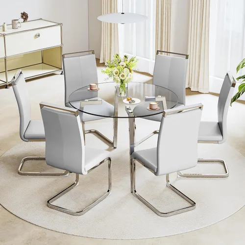 Miniatura 18 de Juego de mesa de comedor gopop de 5 piezas para 4, juego de mesa de comedor redonda de vidrio para 4, mesa de vidrio templado con 4 sillas