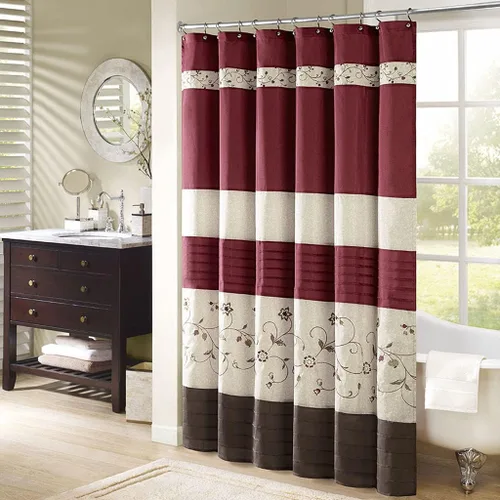 Miniatura 12 de Madison Park Cortina de ducha de tela Serene Flora, cortinas de ducha bordadas de transición para baño, 72 x 72 pulgadas, roja Rojo