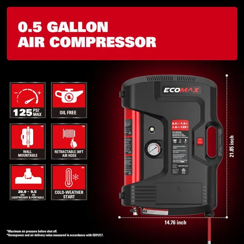 Miniatura 3 de ECOMAX Compresor de aire de montaje en pared, inflador de neumáticos, compresor de aire portátil, sin aceite, con manguera de aire retráctil de 30