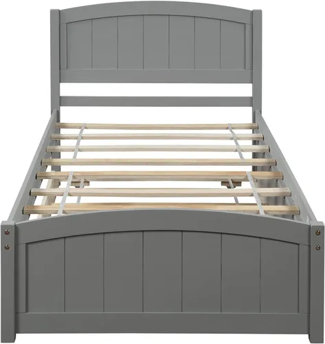 Miniatura 4 de Cama individual con nido, marco de cama de madera con cabecero y estribo, plataforma de madera para niños, niñas, niños, adolescentes y adultos, gris