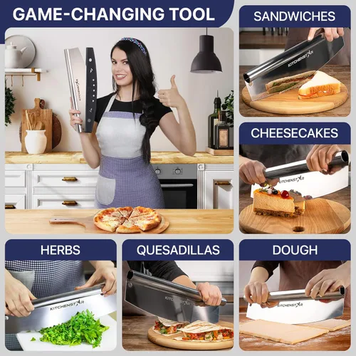 Miniatura 7 de KitchenStar Cortador de pizza de 12 pulgadas con cuchillo basculante - Cuchillo de acero inoxidable afilado, cubierta protectora, apto para Plateado