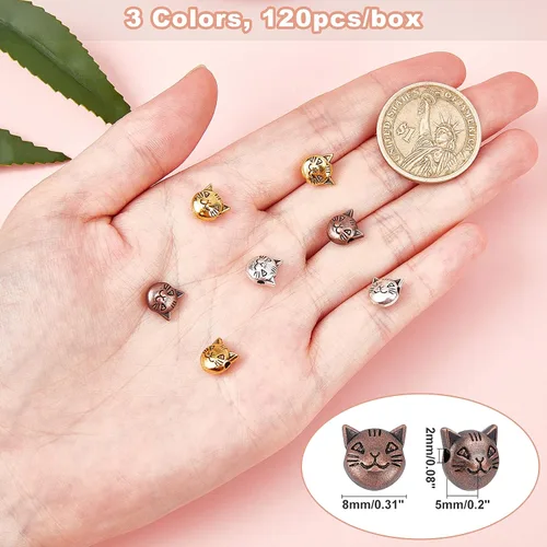 Miniatura 2 de PH PandaHall 120 cuentas espaciadoras de gato de 3 colores, cuentas sueltas de gatito tibetano, cuentas de metal para aretes, pulseras, collares