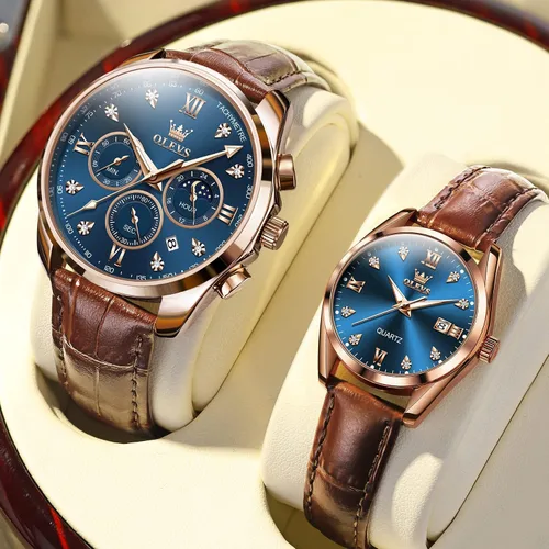 Miniatura 12 de OLEVS Juego de 2 relojes de cuarzo para parejas de San Valentín, para él y ella, cronógrafo de cuero, con diamantes para hombres, mujeres, amantes