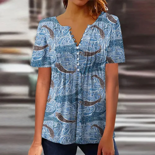 Miniatura 2 de Womens Vintage Printed Hide Belly Button Henley Tunics Tops Women's Short Sleeve V Neck Flowy Summer Shirts Pullover