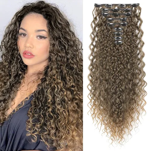 Miniatura 20 de LONAI Extensión de Cabello, 9 piezas, 56 cm de largo, castaño, extensiones de cabello rizadas con pinza, LN002, extensiones de cabello sintético
