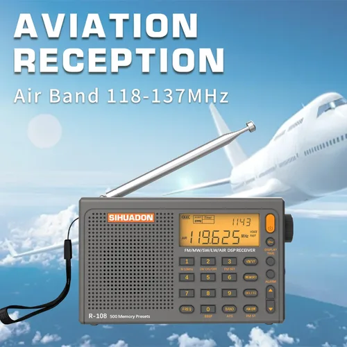 Miniatura 5 de SIHUADON R-108 Radio portátil AM FM SW LW Airband, pequeña radio de emergencia retro digital funciona con pilas, 5 W, altavoz con alarma