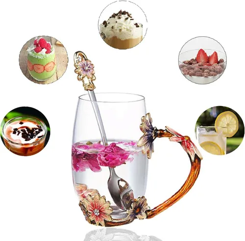 Miniatura 7 de Taza de té de flores de margarita, tazas de café esmaltadas de vidrio hechas a mano con cuchara delicada, regalo de cumpleaños para esposa, madre